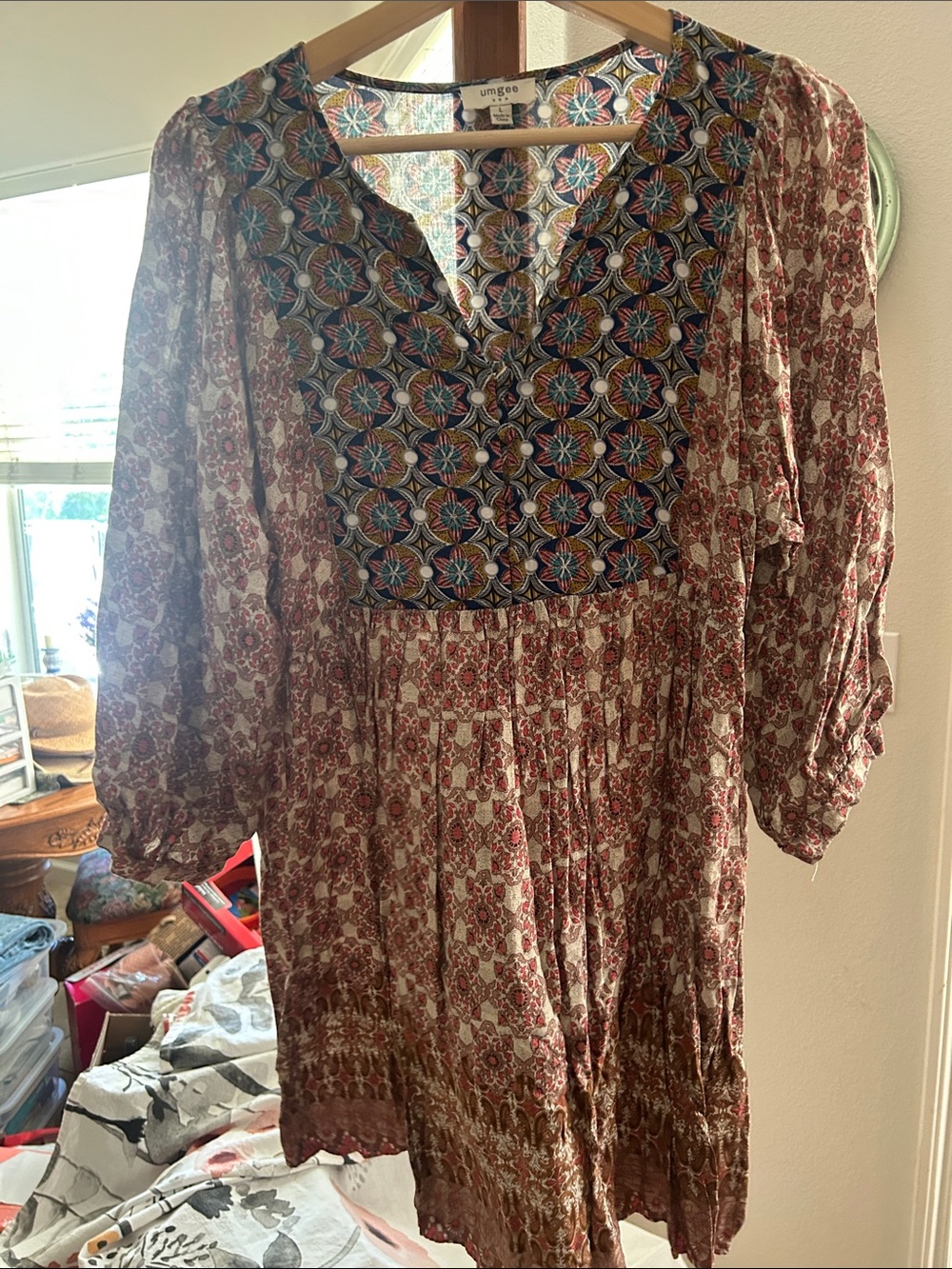 Umgee Multi-Print Boho Long Sleeve Peasant Dress - Red & Navy